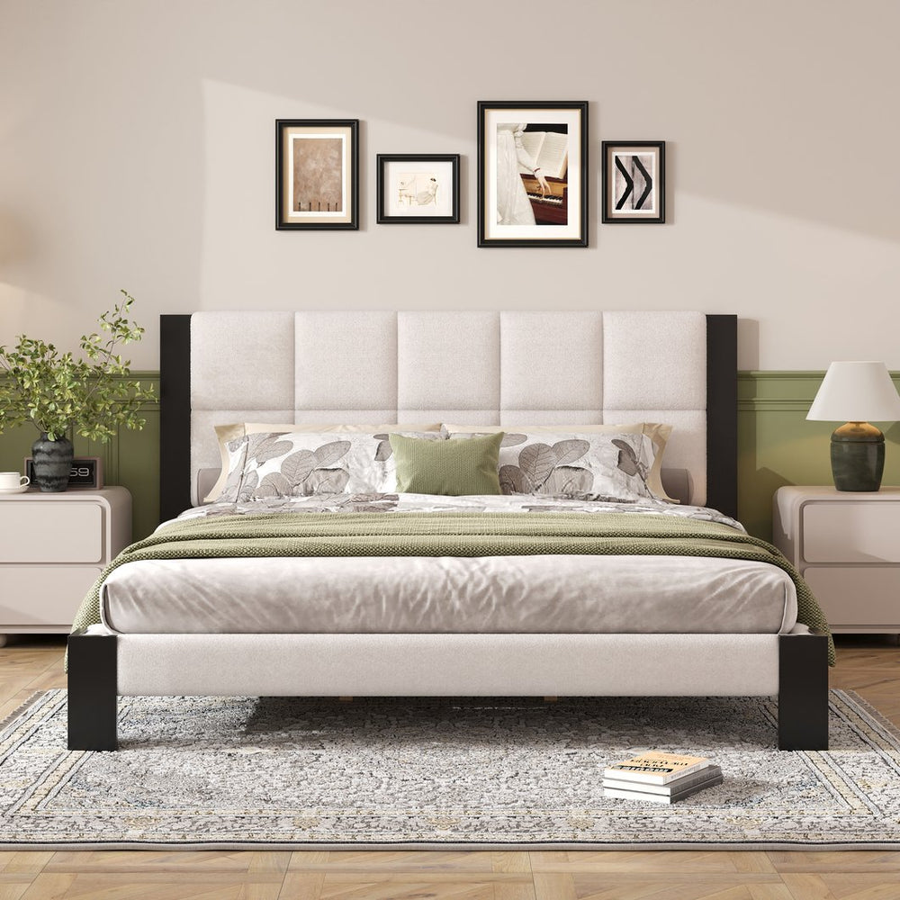 English Elm Christopher Knight Home® - Boucle Cal King Upholstered Platform Bed with Square-Stitched Headboard, Beige Fabric & Black Legs N758C546162A