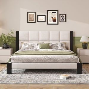 English Elm Christopher Knight Home® - Boucle Cal King Upholstered Platform Bed with Square-Stitched Headboard, Beige Fabric & Black Legs N758C546162A