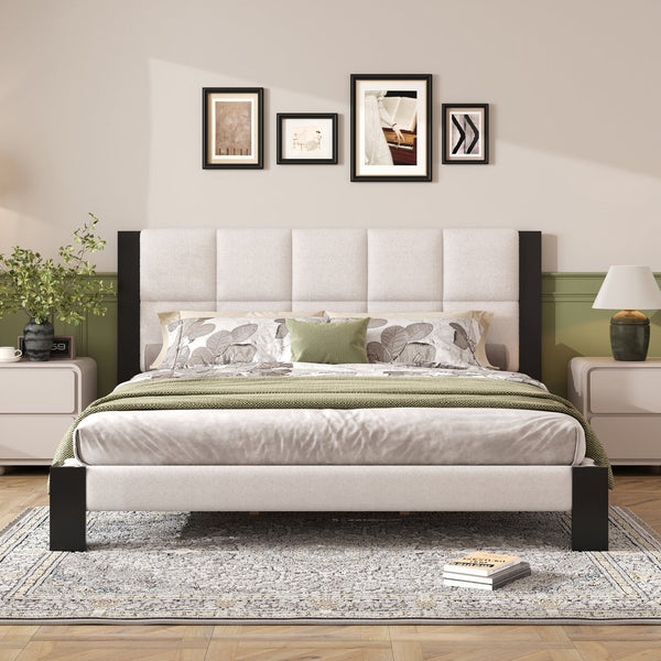 English Elm Christopher Knight Home® - Boucle Cal King Upholstered Platform Bed with Square-Stitched Headboard, Beige Fabric & Black Legs N758C546162A