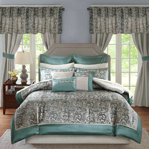 JLA Home Madison Park Essentials - 24 Teal and Grey Jacquard Paisley Bedding Set with Curtains, Embroidered Pillows, Hypoallergenic Fill 92 L x 104 W x 1.5H MPE10-637