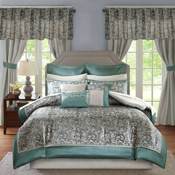 JLA Home Madison Park Essentials - 24 Teal and Grey Jacquard Paisley Bedding Set with Curtains, Embroidered Pillows, Hypoallergenic Fill 92 L x 104 W x 1.5H MPE10-637