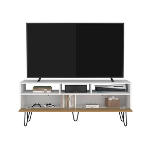 English Elm Glenns Ferry TV Stand with Hairpin Legs - White & Macadamia Engineered Wood, Cable-Friendly Storage B092P286119