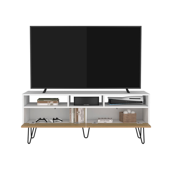English Elm Glenns Ferry TV Stand with Hairpin Legs - White & Macadamia Engineered Wood, Cable-Friendly Storage B092P286119