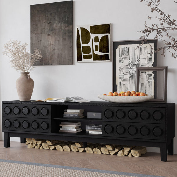 English Elm Modern Mid-Century Media Console with 4 Drawers and Concealed Cable Management, Stylish TV Stand Up to 75" Black+ Gray W757P305594