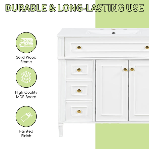 English Elm 36 Inch Freestanding Bathroom Vanity Sage Pine Cabinet Gold Hardware Ceramic Sink White N725P366468K