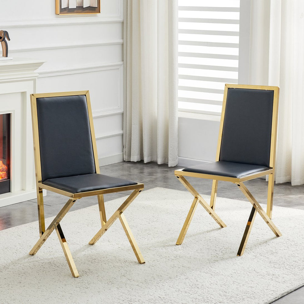 English Elm 2-pack Black Pu Leather Dining Chairs with Angled Silver Metal Legs Modern Set Black+Gold W1151P301835