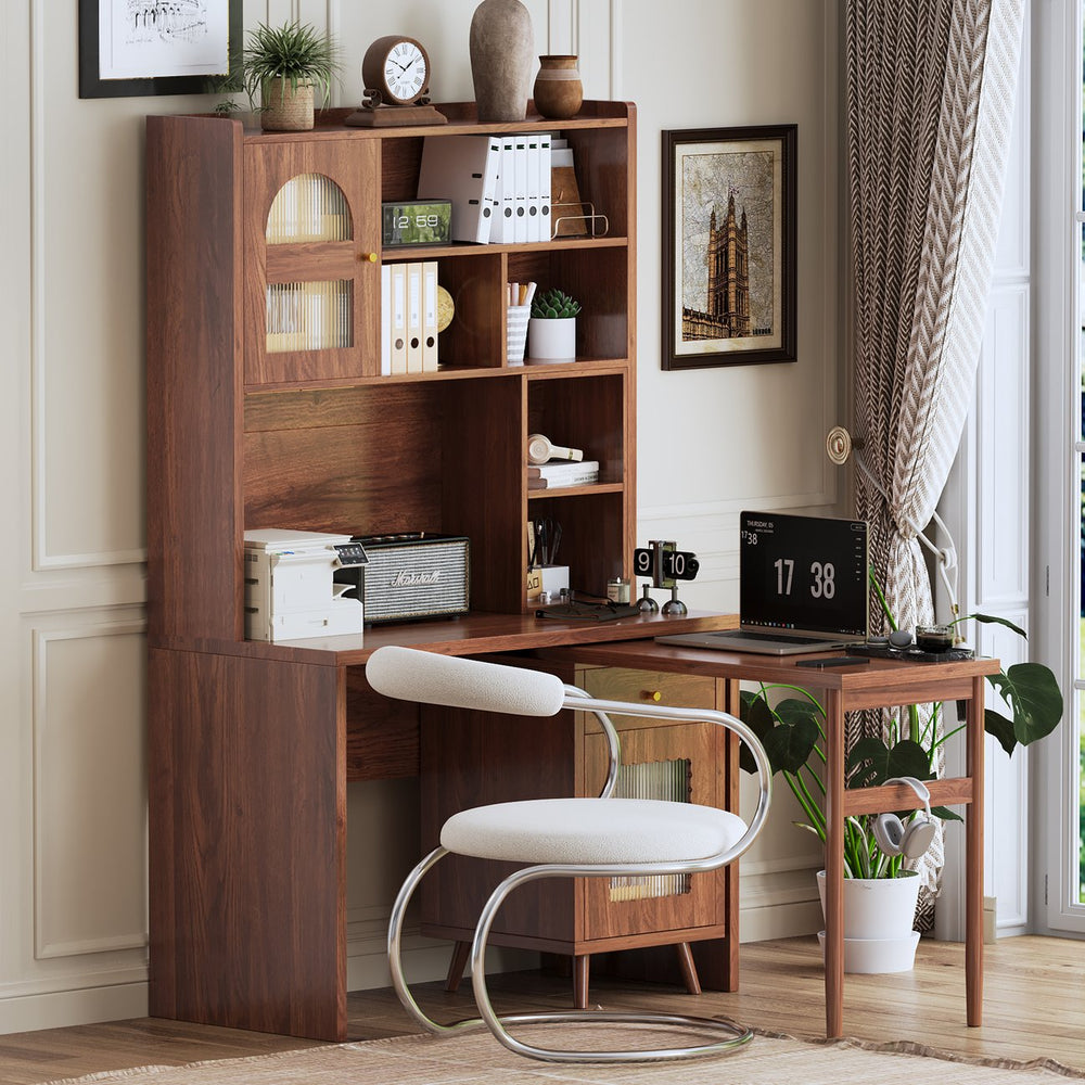 English Elm Computer Desk with Rotating Extension Panel Walnut Finish Glass Cabinets Home Office N733S363716D