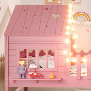 English Elm Twin Playhouse Loft Bed Solid Pine Frame with Slide Led Lights and Star Roof Pink W5316S00006