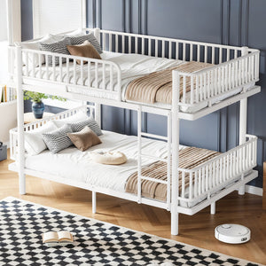 English Elm Queen Over Metal Bunk Bed Convertible Platform Frame with Safety Guardrails Light White W5305S00064