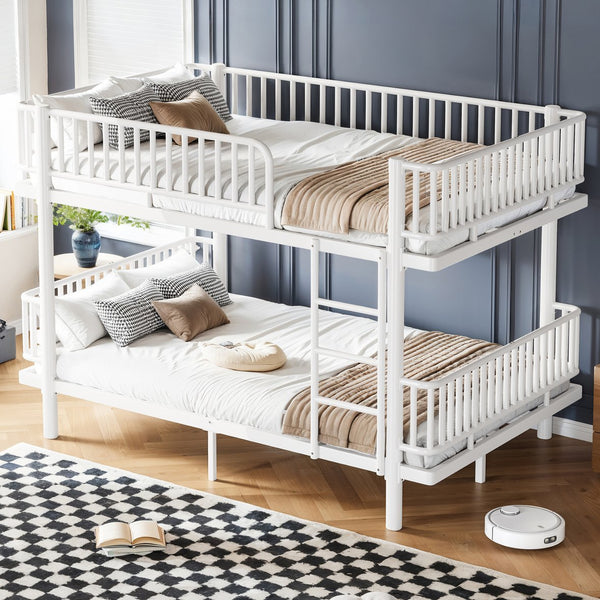 English Elm Queen Over Metal Bunk Bed Convertible Platform Frame with Safety Guardrails Light White W5305S00064