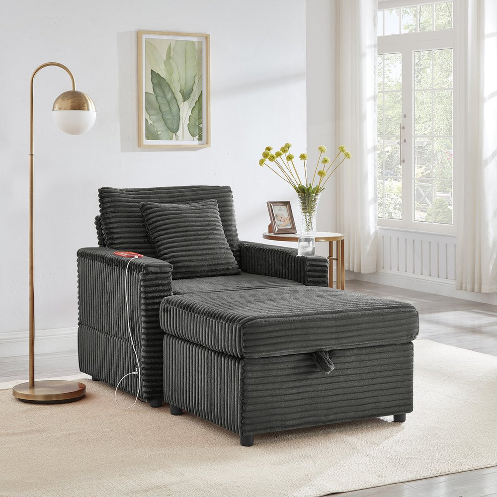 English Elm Comfortable Chenille Chaise Lounge Chair with Usb Port Hidden Storage Ottoman W3705P476389