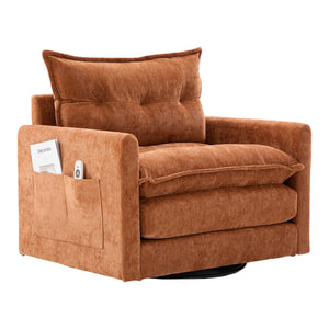 English Elm UNITED Swivel Barrel Chair with Chenille Upholstery, 360° Smooth Rotation, Padded Arm Comfort and Side Pockets for Living Room Relaxation Brown W1568P290084