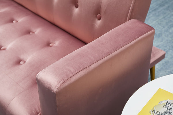 English Elm Sofa Bed Velvet Upholstered Convertible with Gold Metal Legs for Studio Spaces Rose B205P246428