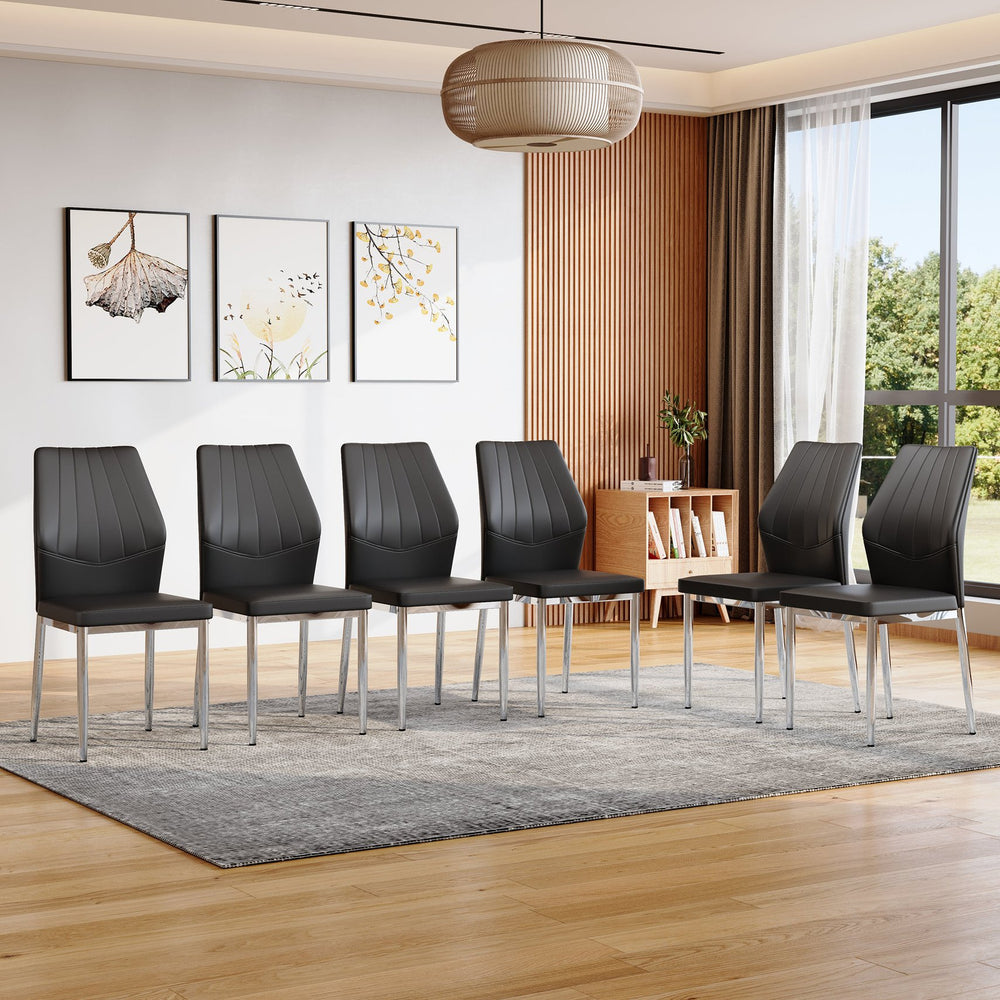 English Elm Set of 6 ergonomic dining chairs with shell-pattern back, 37" height, breathable tech fabric, sturdy metal legs and adjustable anti-slip feet for stable, comfortable seating during meals Black+Silver W1151P359608