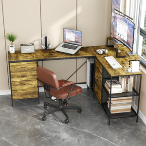 English Elm 114" L-shaped Industrial Gaming Desk with Power Hub 6 Drawers and Rustic Steel Frame T2398P438828