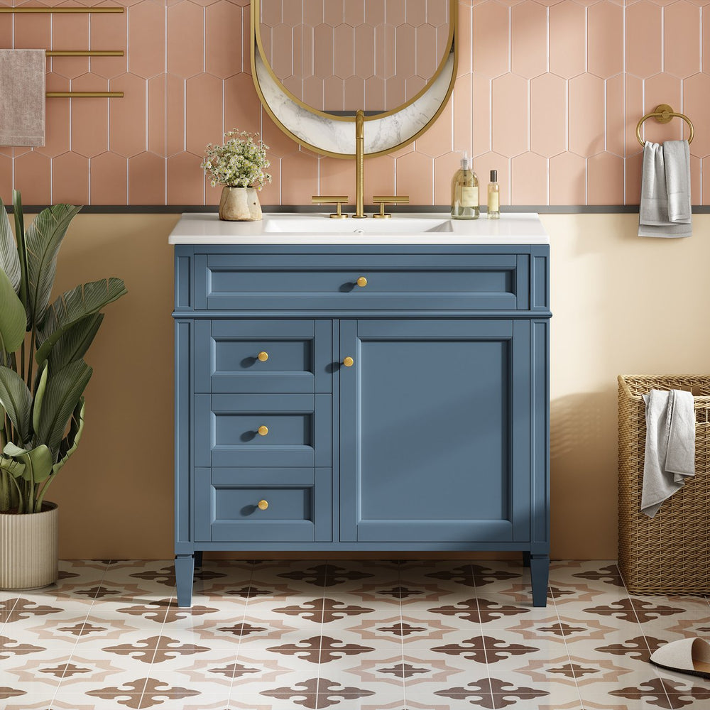 English Elm 36'' Bathroom Vanity With Sink, Modern Indigo Blue Storage Cabinet Featuring 3 Drawers & Adjustable Shelf N710P230246M