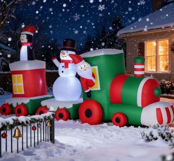 English Elm Inflatable Christmas Train Santa Snowman Penguin Led Lit Outdoor Yard Display 11 Ft T3971P414202