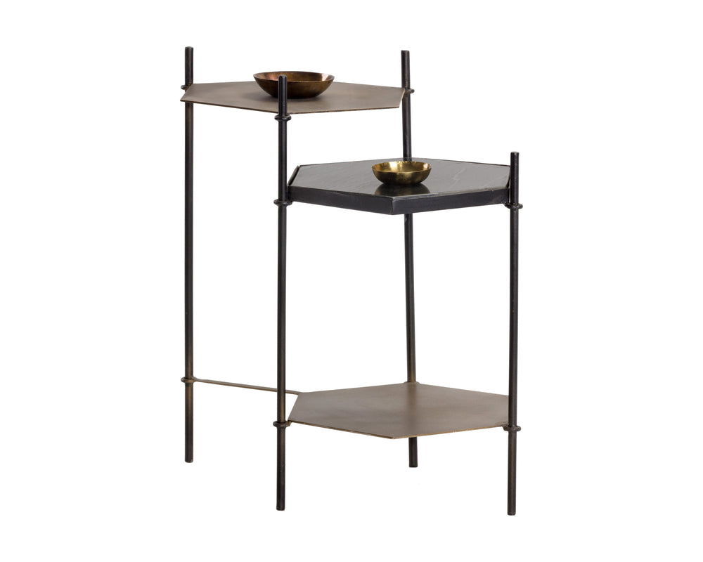 Sunpan Hexall Side Table – Industrial Chic with Hexagonal Shelves, Antique Brass & Black Marble Elegance