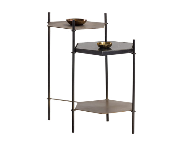 Sunpan Hexall Side Table – Industrial Chic with Hexagonal Shelves, Antique Brass & Black Marble Elegance