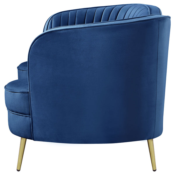 English Elm Marsden Blue Velvet Loveseat with Vertical Channel Tufting, Inverted Camelback Silhouette & Gold Legs B062P357778