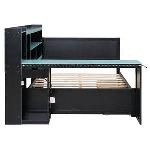 English Elm Full Size Gaming Bed Frame with Desk Led Lights Storage Drawers and Charging Station Black+Blue LP000289AAC