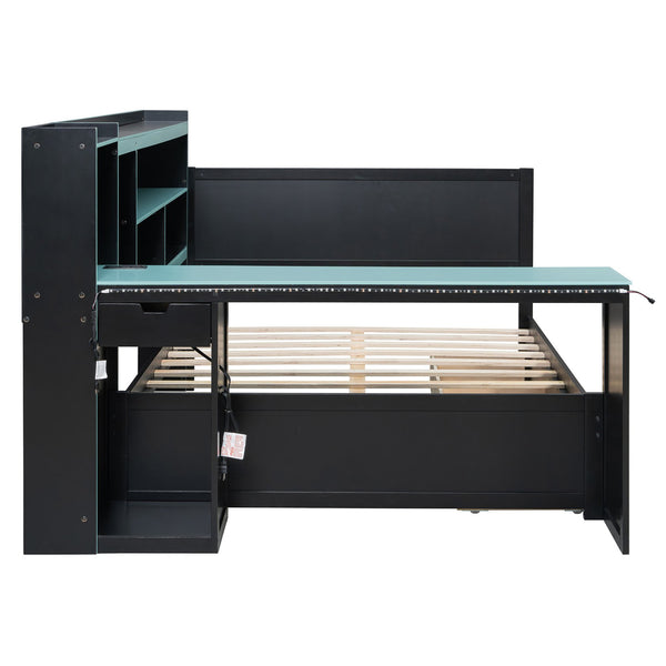 English Elm Full Size Gaming Bed Frame with Desk Led Lights Storage Drawers and Charging Station Black+Blue LP000289AAC
