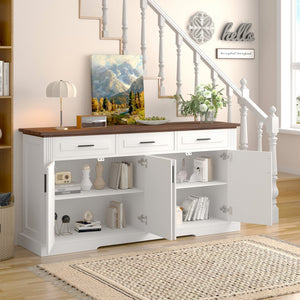 English Elm 63" Fluted Mdf Sideboard with Wood Tone Top Four Doors Three Drawers Dining Storage White W2917S00011