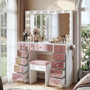 English Elm Makeup Vanity Desk Set with Hollywood Led Mirror Cushioned Stool and Crystal Drawer Pulls N704P340230K