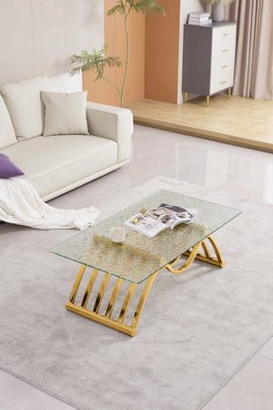 English Elm 47" Rectangle Modern Coffee Table With Ripple Glass Top, Gold Stainless Steel Frame, Easy Assembly W2978S00015