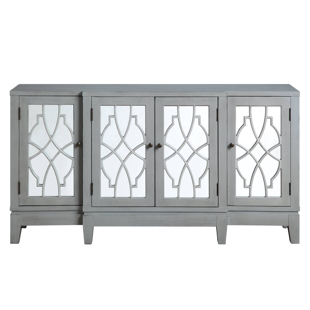 English Elm Magdi Antique Gray Console Cabinet with Mirrored Fronts, Tapered Legs, 4-Door Storage, 70lb Top Limit B2726P277908