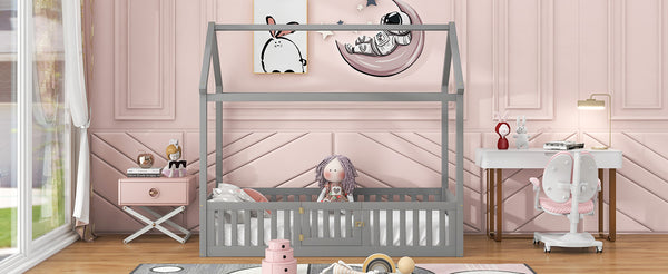 English Elm Twin Pine House Bed with Roof, Fence & Door — Enclosed Playful Design for Cozy Sleep and Imagination Gray WF531501AAE