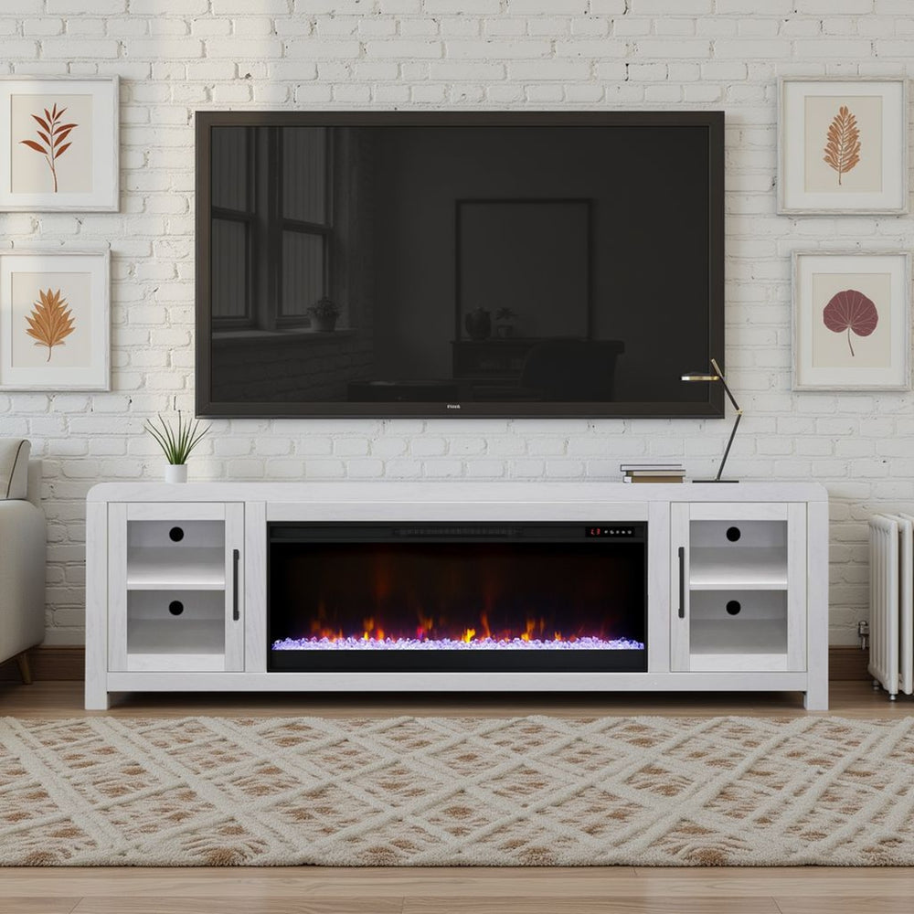 English Elm Haven 82" TV Stand with 42" Electric Fireplace, Oak Veneer, Glass Doors, Cable Management, White finish B108P364422