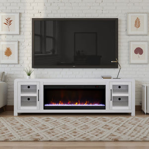English Elm Haven 82" TV Stand with 42" Electric Fireplace, Oak Veneer, Glass Doors, Cable Management, White finish B108P364422