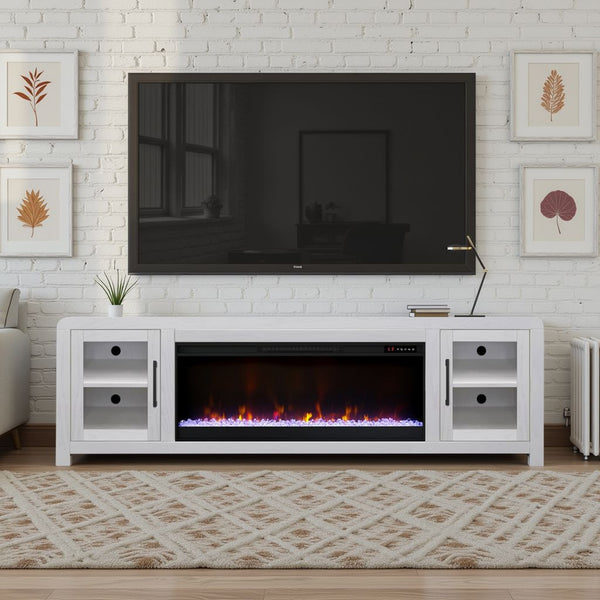 English Elm Haven 82" TV Stand with 42" Electric Fireplace, Oak Veneer, Glass Doors, Cable Management, White finish B108P364422