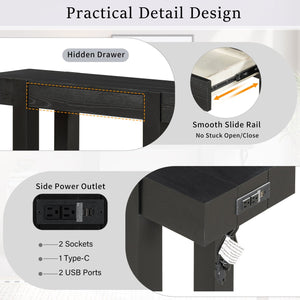 English Elm Trexm Ash Veneer Entryway Console Table Built in Power Outlet Drawer Rubberwood Black N715P361518B