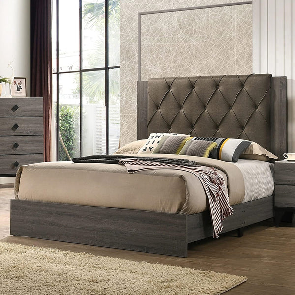 English Elm Contemporary King Size Bedframe With Tufted Headboard, Gray Upholstery & Rubberwood Frame Design B011P236789
