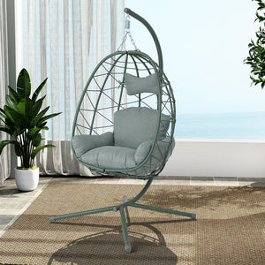 English Elm Egg Hanging Chair with Stand Pe Rattan Swing Seat Washable Cushion 350lb Capacity T5880P497439