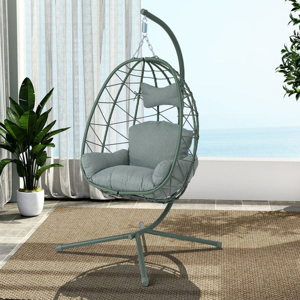 English Elm Egg Hanging Chair with Stand Pe Rattan Swing Seat Washable Cushion 350lb Capacity T5880P497439