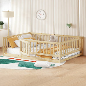 English Elm Full Montessori Floor Bed with Fence and Door, Natural Pine Slatted Full Size Bed, 300lb Capacity, Easy Assemble Oak W1820P369889