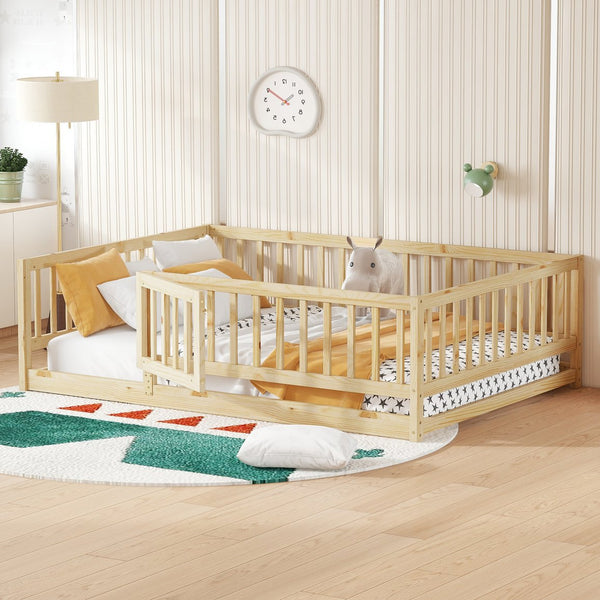 English Elm Full Montessori Floor Bed with Fence and Door, Natural Pine Slatted Full Size Bed, 300lb Capacity, Easy Assemble Oak W1820P369889