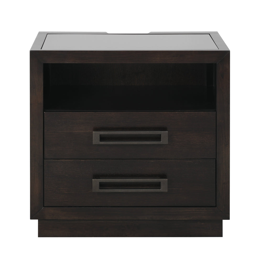 English Elm Modern Larchmont Nightstand with LED Undershelf Light, Glass Top, USB Power Strip, Charcoal Finish B011P201586