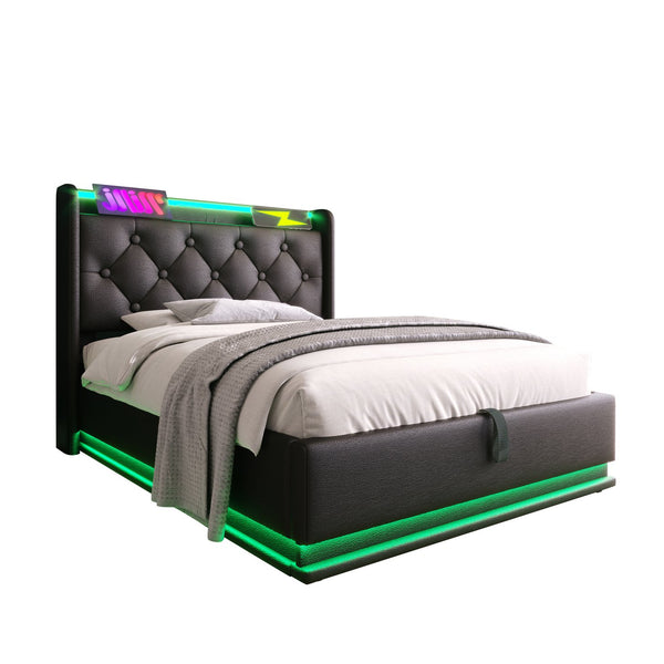 English Elm Twin Upholstered Bed with Hydraulic Storage, Surround LED, App/Remote Control & USB Type-C Charging Black N736P188805B