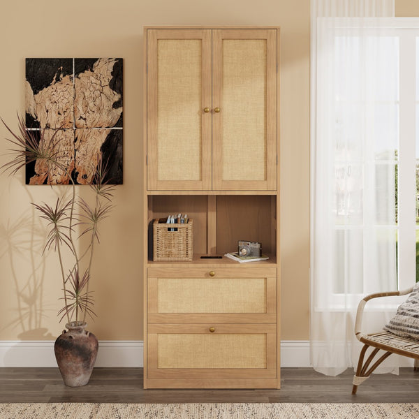 English Elm 2 Door Bookshelf with USB Port and 3 Drawers — Compact Pine-MDF Storage Cabinet for Living Room Natural 80.1 L x 17.65 W x 6.3 H N701P245551W