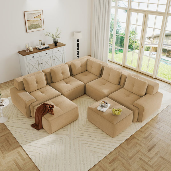 English Elm Modular Corduroy Sectional Sofa V Shaped 5 Seat Living Room Couch with Ottoman Camel W714S01589