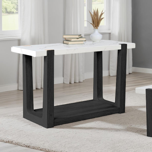English Elm Modern 3pc Table Set with Faux Marble Tops and Two-Tone Finish, Sleek Contemporary Sofa Coffee End Tables 48" Black,White 52 L x 30 W x 11 H B2741S00693