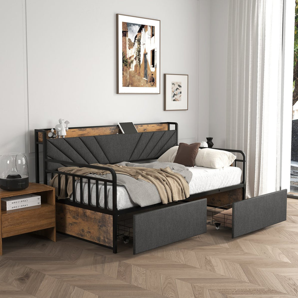 English Elm Twin Daybed with Drawers and USB Charging Station, Metal Frame, Upholstered Headboard, LED Mood Lighting Black+Brown+Grey W2129P244635