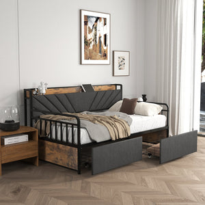 English Elm Twin Daybed with Drawers and USB Charging Station, Metal Frame, Upholstered Headboard, LED Mood Lighting Black+Brown+Grey W2129P244635