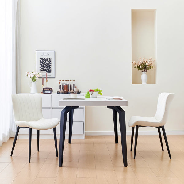 English Elm Set of 2 Dining Chairs with Thick Cushions and PU Leather Upholstery — Modern Sturdy Iron Frames for Home & Restaurant Seating Black,Cream White N842P300557K