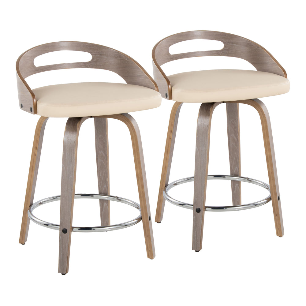 English Elm Cassis 24" Mid-Century Modern Counter Stool Set Of 2 - Light Grey Wood, Cream Faux Leather & Chrome Footrest B202S00012