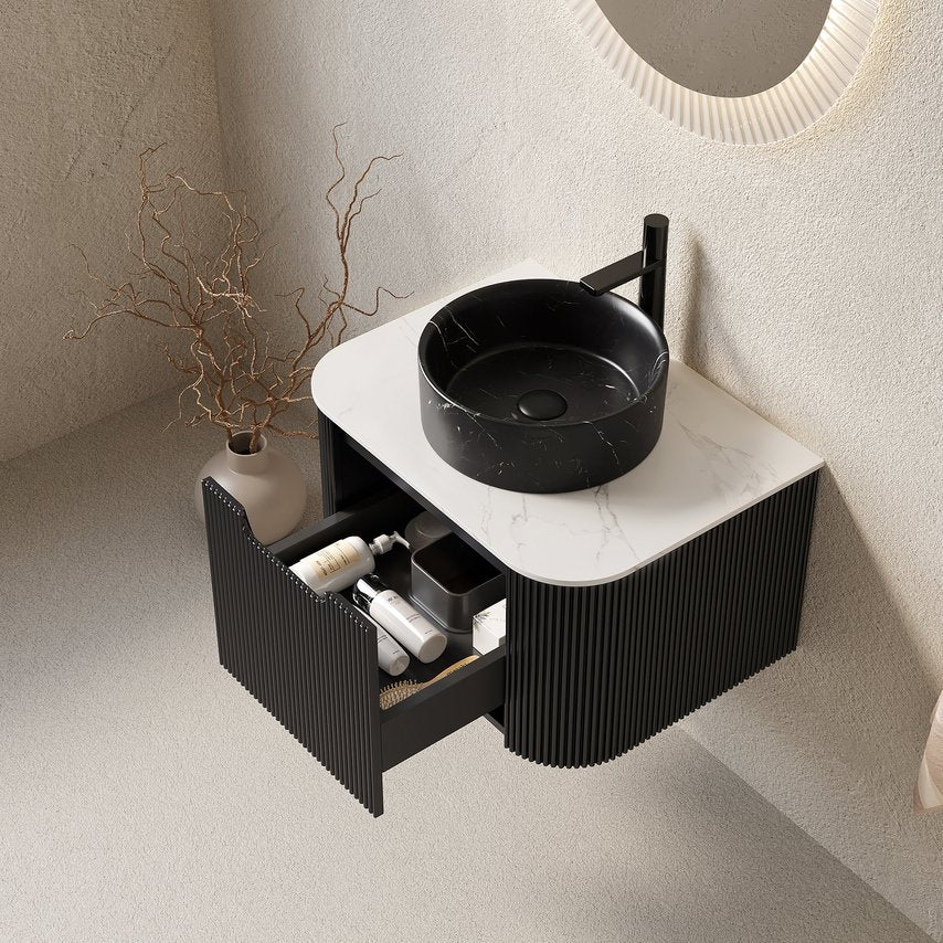 English Elm Dina Floating Bathroom Vanity with Sintered Stone Top and Crystal Glass Basin Black,Carrara White W2615S00703